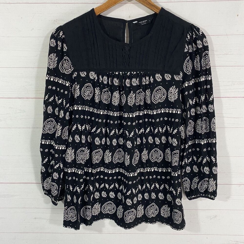 Lucky Brand Womens Mixed Media 3/4 Sleeve Top Sz S Black/White Keyhole Cotton